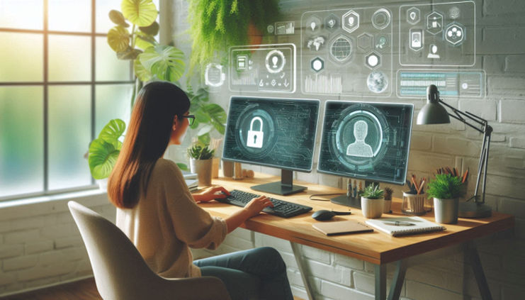A modern tech workspace with a person using a computer displaying digital identity verification interfaces, surrounded by eco-friendly elements like plants and recycled materials.