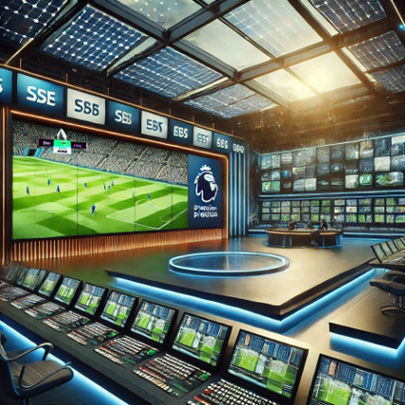 A modern broadcasting studio powered by solar panels, showcasing an EPL match on energy-efficient screens.