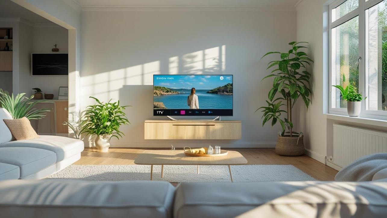 Modern UK living room streaming IPTV with sunlight, plants, and minimalist design.